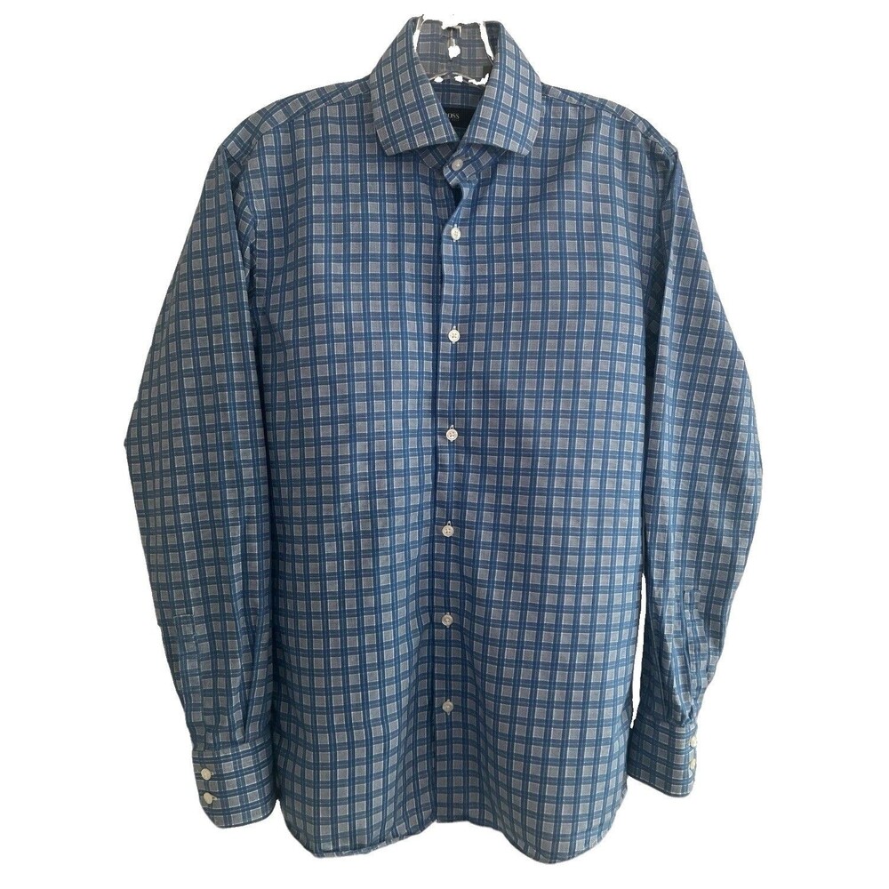 Hugo Boss Dress Shirt 14.5 Blue Check Classic Fit Button Up Cotton Business